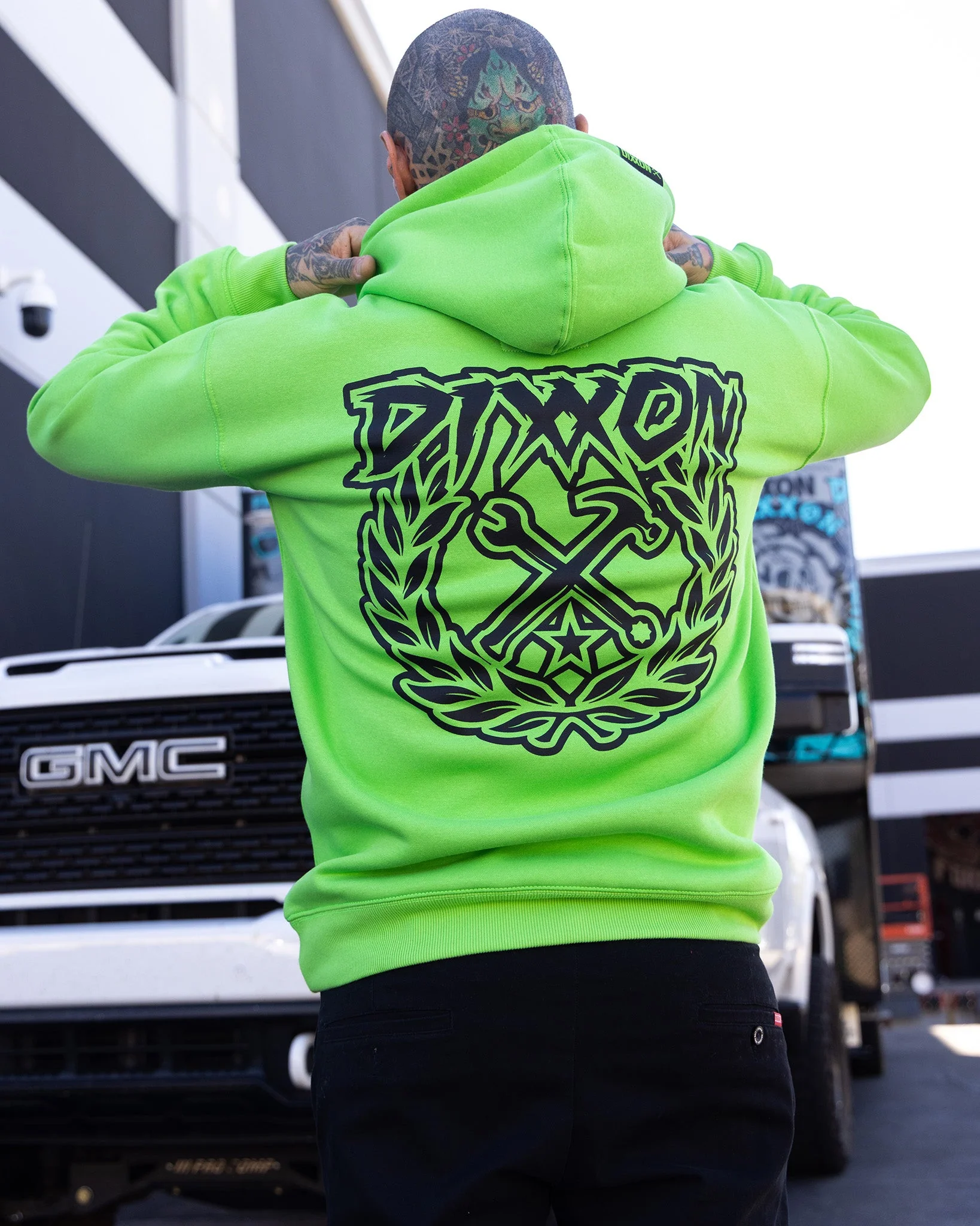 Black Party Crest Pullover Hoodie - Safety Green