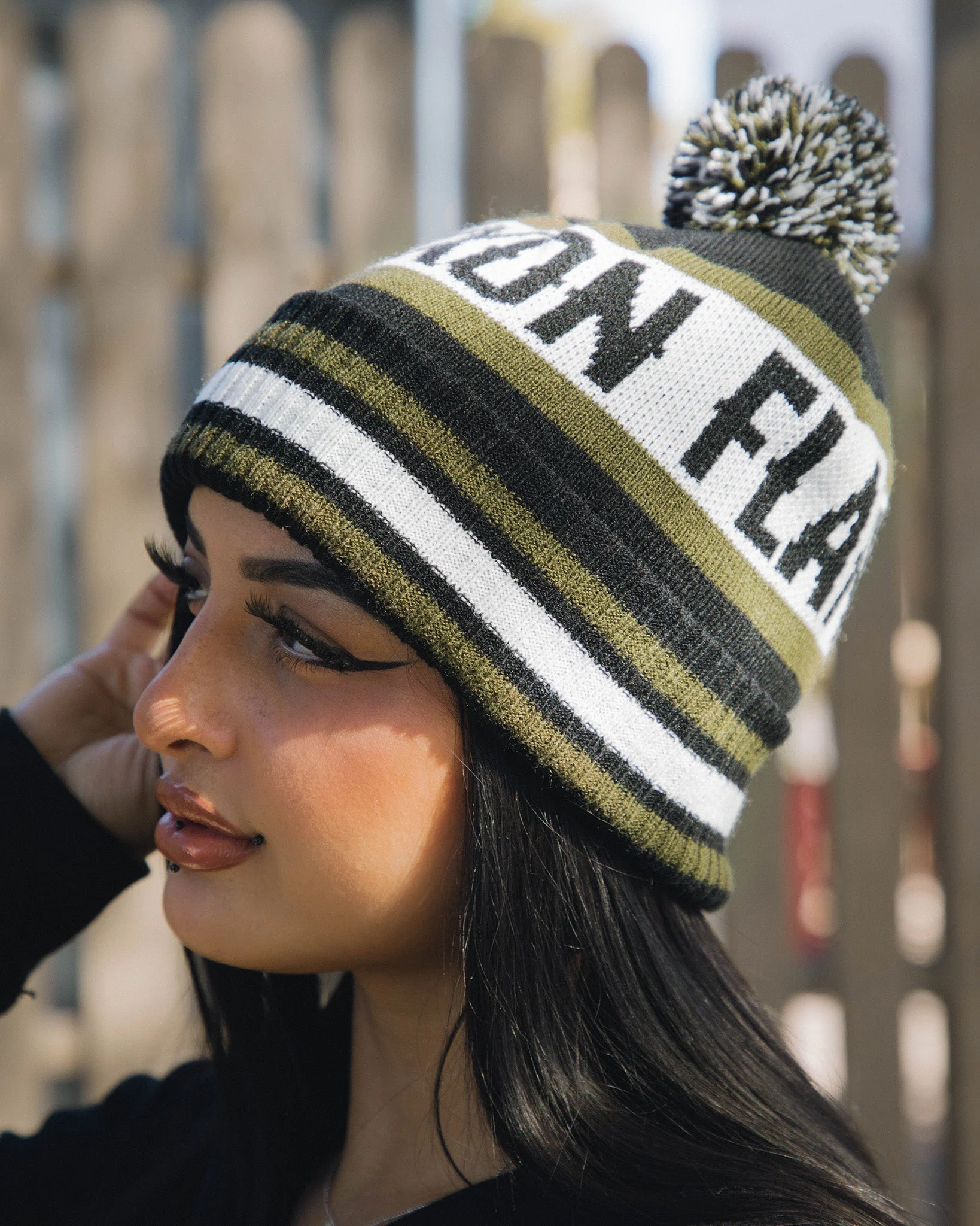 Puff Ball Beanie - O.D. Green, Black, & White