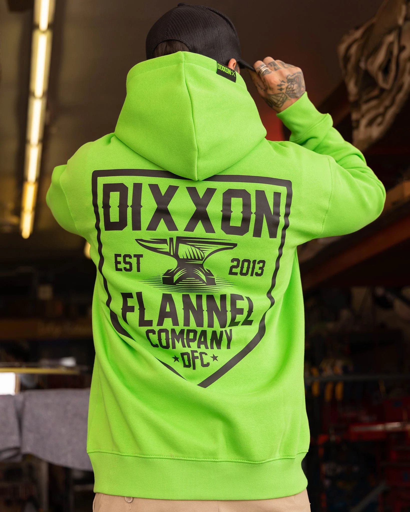 Black DFC Shield Zip Up Hoodie - Safety Green
