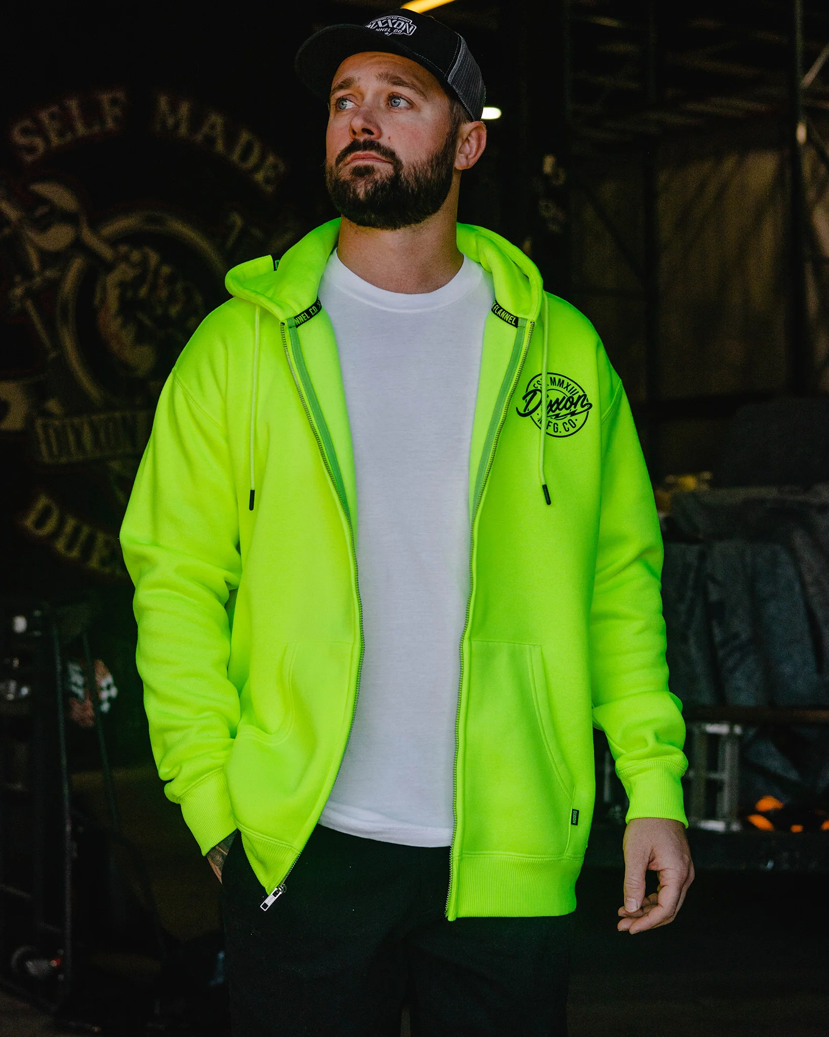 Black MFG Badge Zip Up Hoodie - Safety Yellow 4 Black MFG Badge Zip Up Hoodie - Safety Yellow