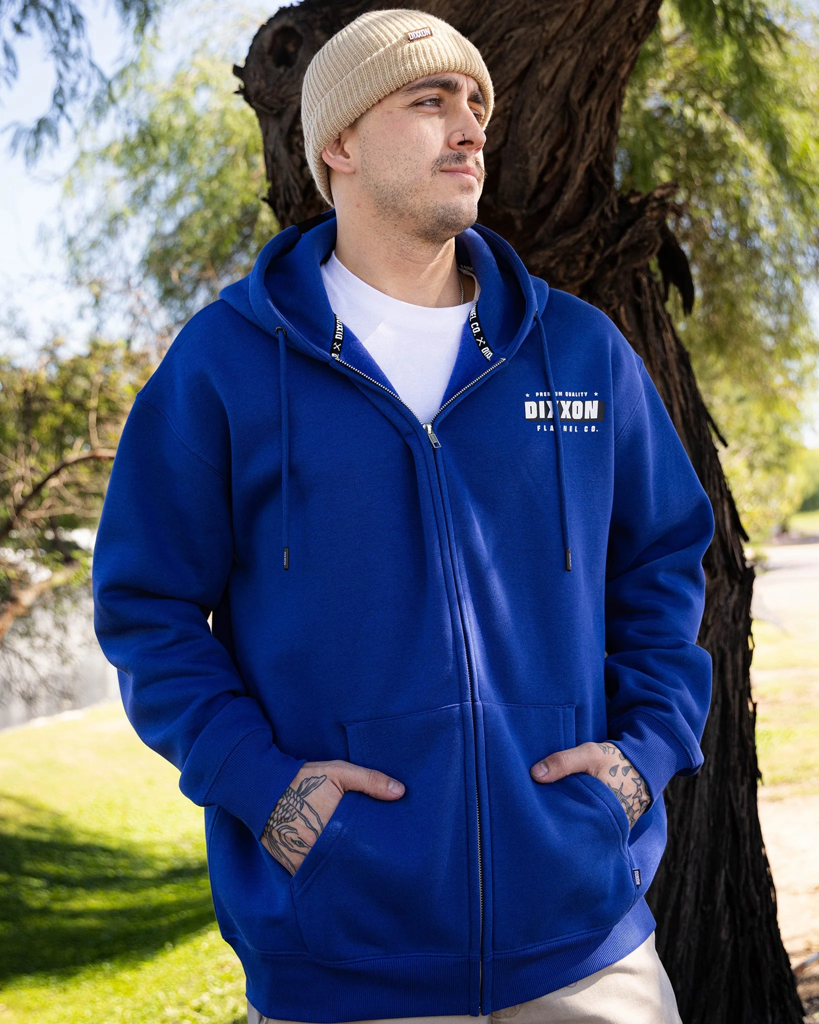 Black & White Grille Zip Up Hoodie - Blue